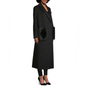 New Kobi Halperin Notched Collar Wool Blend Coat Fur Pockets Shearling Black XS